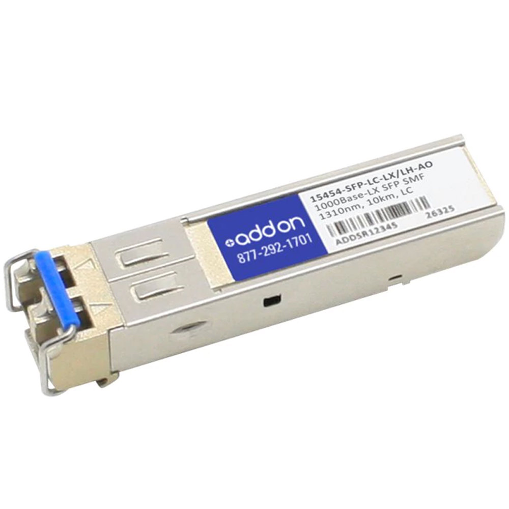 Silver metal SFP module with a blue latch, labeled with "AddOn" and specifications, designed for 1000Base-LX connectivity, suitable for TAA and MSA compliance.