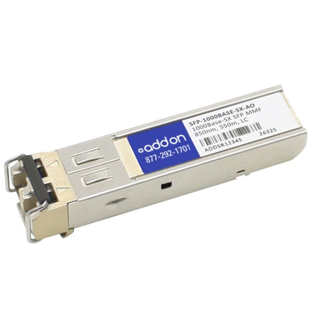 Silver metal SFP transceiver with a black clip, labeled with "AddOn" and specifications for 1000Base-SX compatibility, designed for multimode fiber connections.