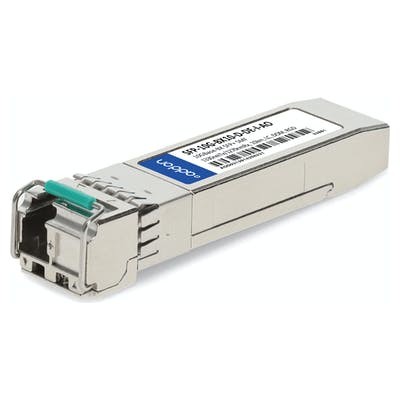 Silver metal transceiver module with a green latch, featuring a label on the side, designed for 10G fiber optic connections.