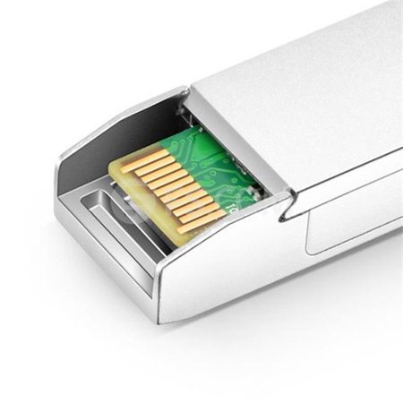 Silver metal SFP+ transceiver module with a gold-plated connector and a green circuit board visible inside, designed for 80km optical transmission.