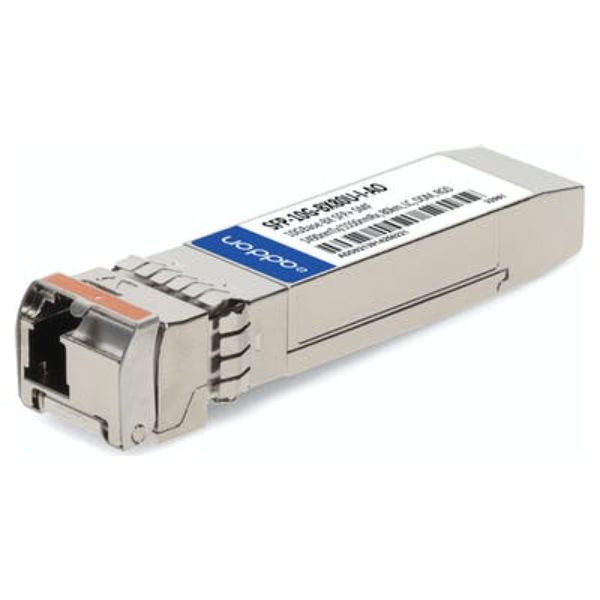 Cisco SFP-10G-BX80U-I module in silver metal casing with a clear LC connector, designed for 80km reach, featuring a label with product information on the side.