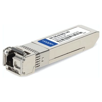 SFP-10G-ER-BXD-I-AO network transceiver module in silver metal casing with a rectangular shape, featuring a connector at one end and a label on the side.