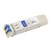 Addon Cisco SFP-10G-LR module in a silver casing with a blue latch, featuring a label with technical specifications and connectors for 10GBASE-LR networking.
