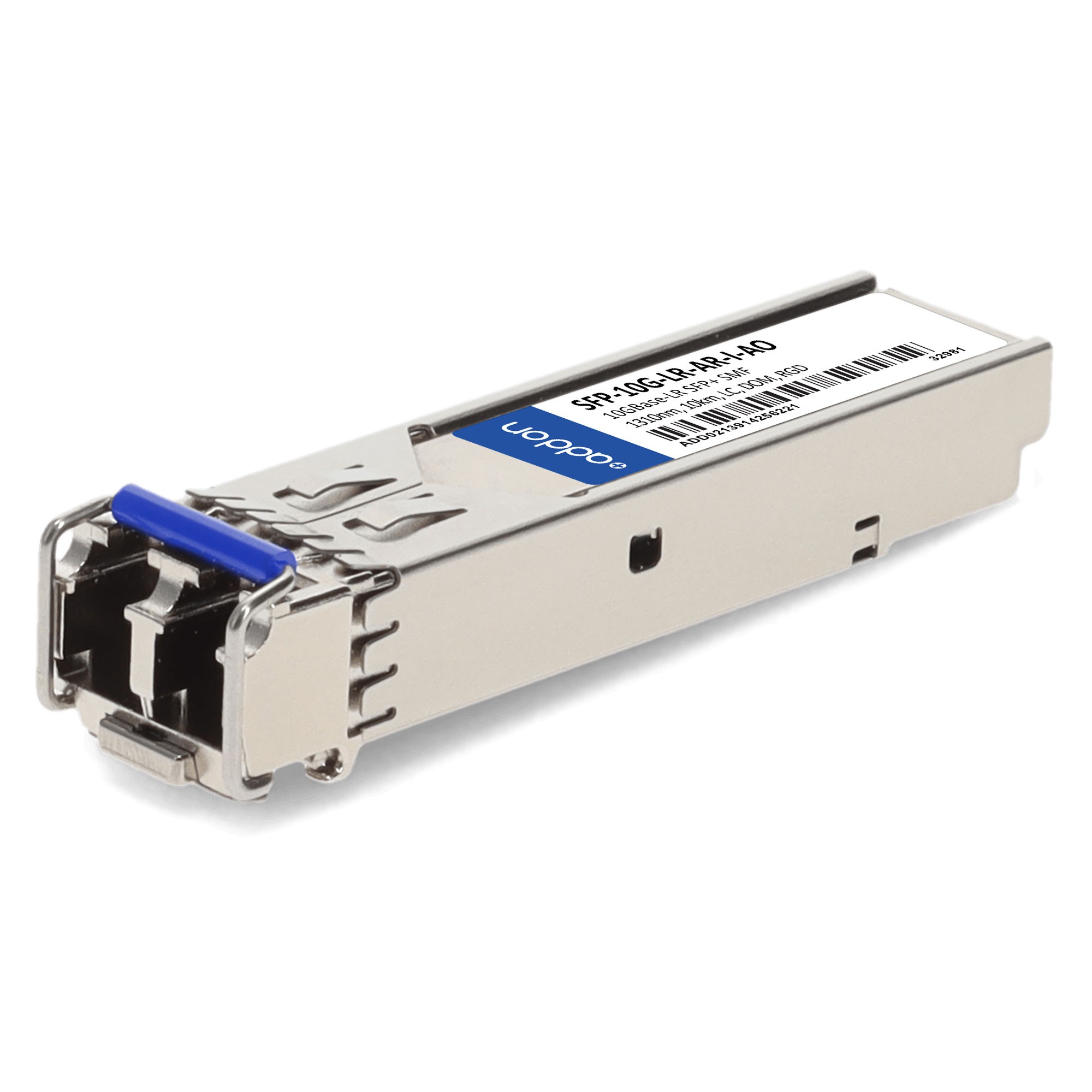 SFP-10G-LR-AR-I-AO network transceiver module in silver metal casing with a blue latch, featuring a label with product details and a compact design for fiber optic connections.