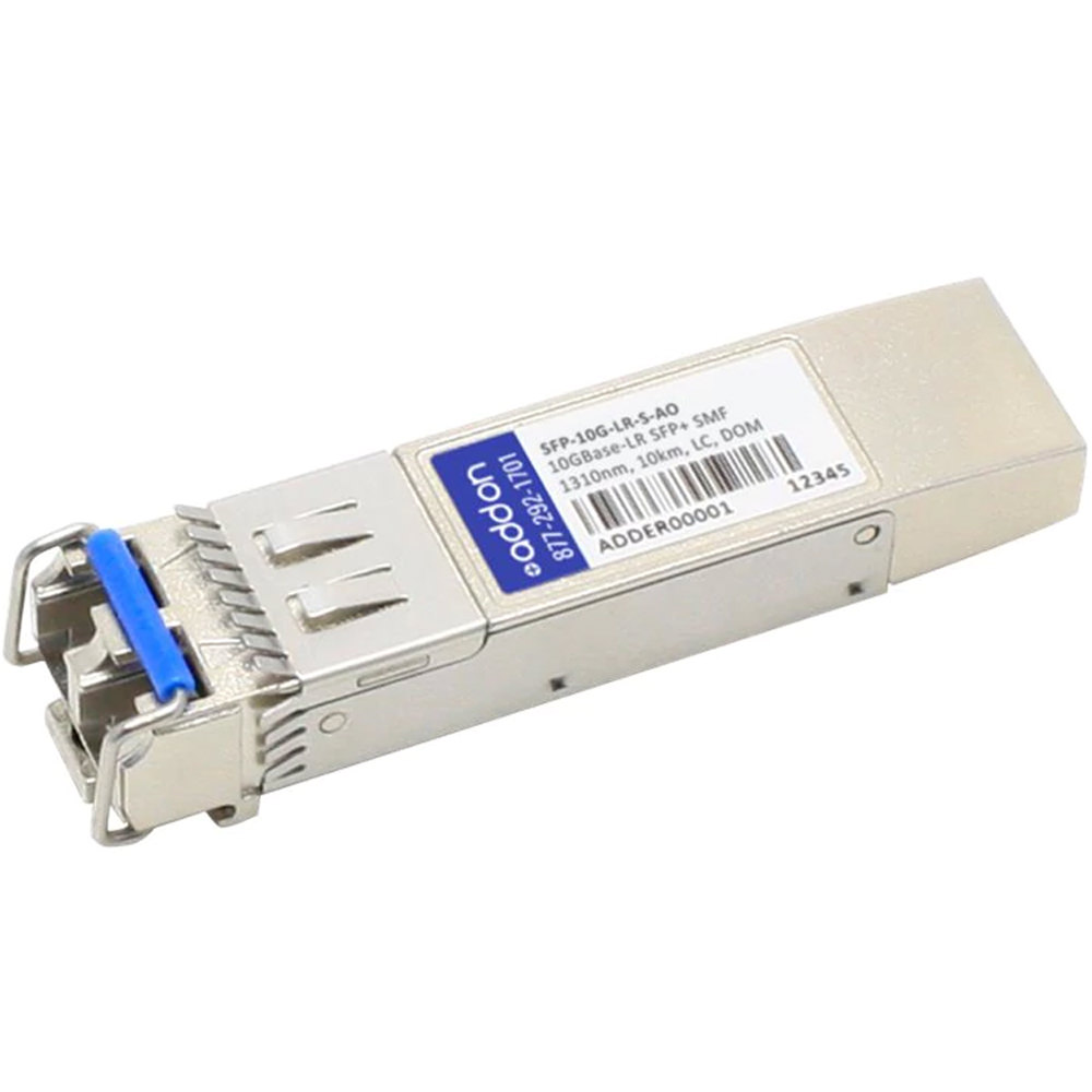 Silver metal SFP+ transceiver with a blue latch, labeled "SFP-10G-LR-S," designed for 10GBASE-LR connectivity, compatible with Cisco equipment, featuring a compact and sleek design.