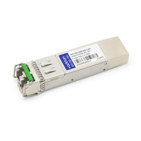 SFP-10G-LR80-DW-C-AO network transceiver module in a metallic silver casing with a green latch, designed for fiber optic connections.