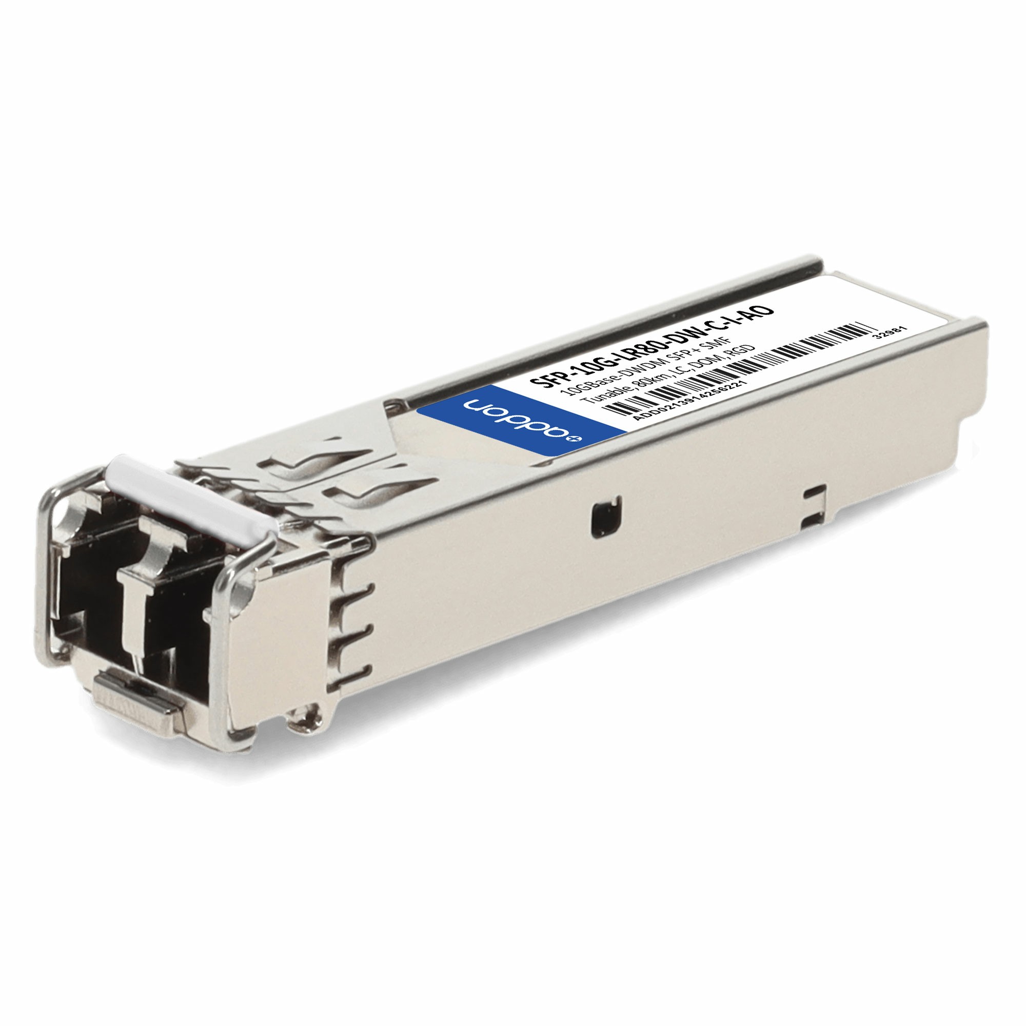 SFP-10G-LR80-DW-C-I-AO network transceiver module in a silver metal casing with a black connector, featuring a label with product information on one side.