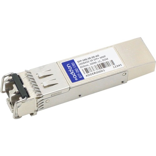 Dell SFP-10G-SR compatible transceiver module in silver metal casing with a label, featuring LC duplex connector for multimode fiber applications.