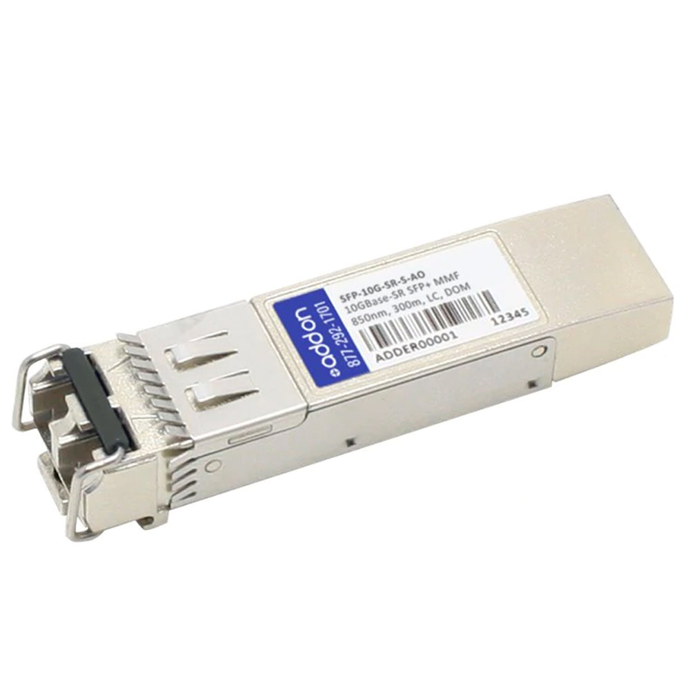 Silver metal SFP+ module with a blue label, featuring a connector at one end and ventilation slots, designed for 10GBASE-SR fiber optic connections.