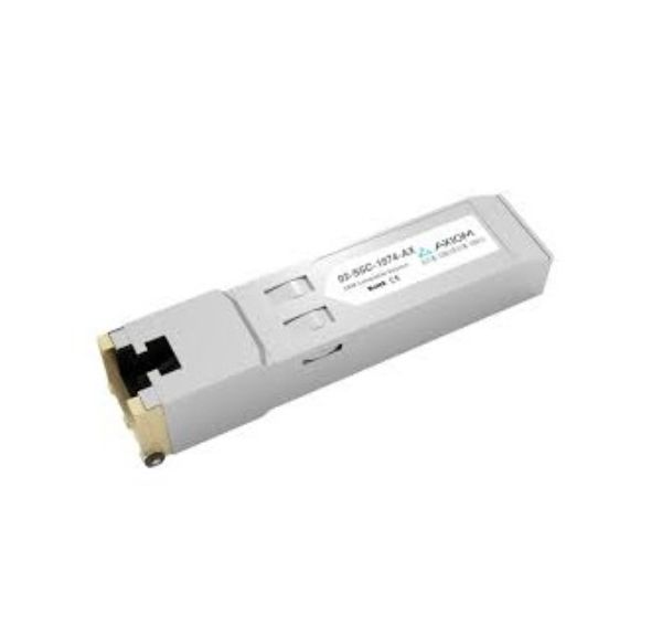 Cisco SFP-10G-T-X compatible transceiver in a sleek silver casing, featuring gold connectors and labeled with AddOn Networks branding and specifications for 10GBASE-TX compatibility.