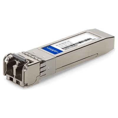 Silver metal SFP-10G-ZWC1471-AO network transceiver module with dual fiber ports, featuring a blue label with a barcode and model information.