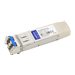Compact silver and blue SFP-10GBASE-LR-AO network transceiver module with a metal casing, featuring optical connectors and labeled specifications for fiber optic connectivity.