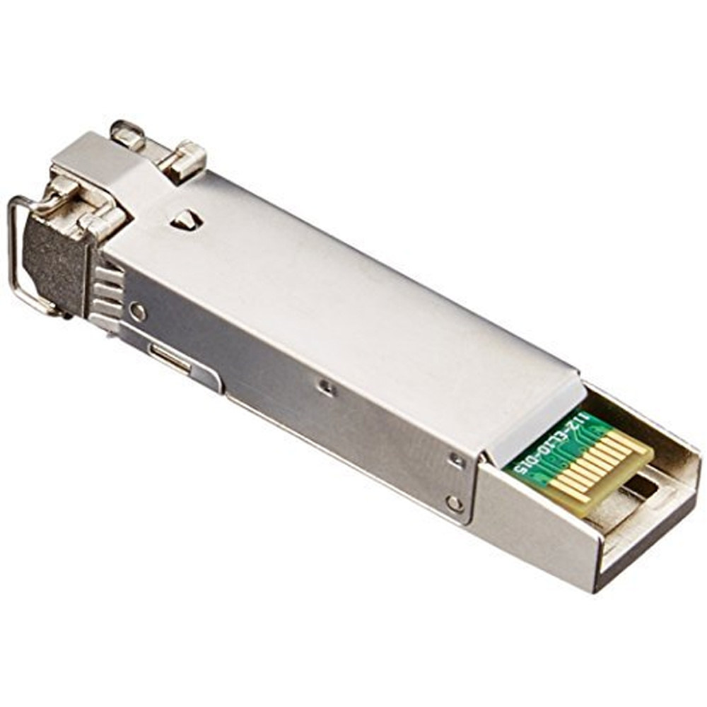 Silver metal SFP-10GBASE-SR-AO network transceiver module with a gold-plated connector and a clip for secure attachment, designed for fiber optic networks.