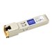 10GBase-TX SFP+ transceiver in beige plastic housing with gold connectors and a blue label, designed for MSA and TAA compliance by AddOn Networks.