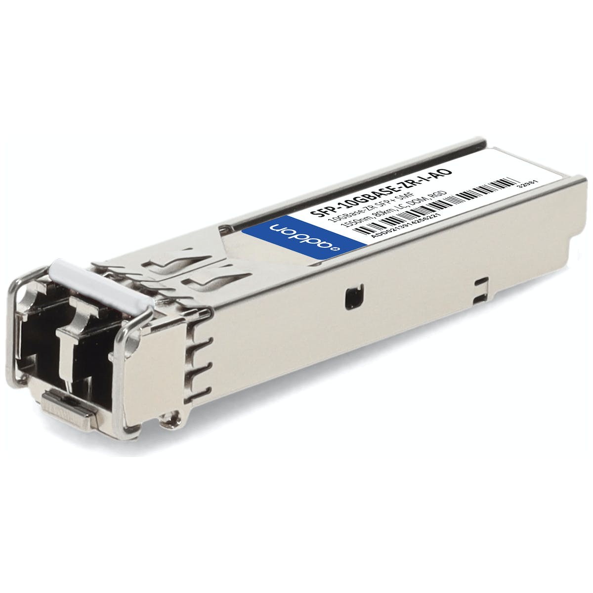 Silver metal SFP+ transceiver module with a blue label, designed for 10G ZR, 1550nm, 80km single-mode fiber connections.