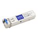 Addon MSA and TAA compliant 1000Base-BX SFP transceiver in a silver metal casing with blue and white labeling, featuring a single-mode fiber interface and LC connector.