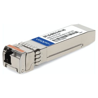 SFP-1G-BX43-D-40-I-AO network transceiver module in silver metal casing with a clear label and a small connector on one end, designed for fiber optic connections.