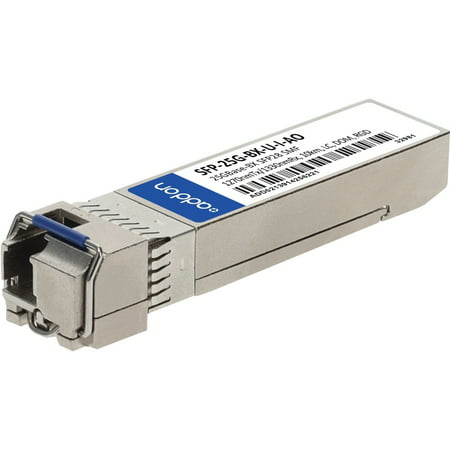 Silver metal SFP28 transceiver module with a blue latch, featuring a label with product details, designed for high-speed data transmission.