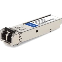 Silver AddOn Networks SFP-25G-SR-S-AO transceiver module with blue label and fiber optic connectors.