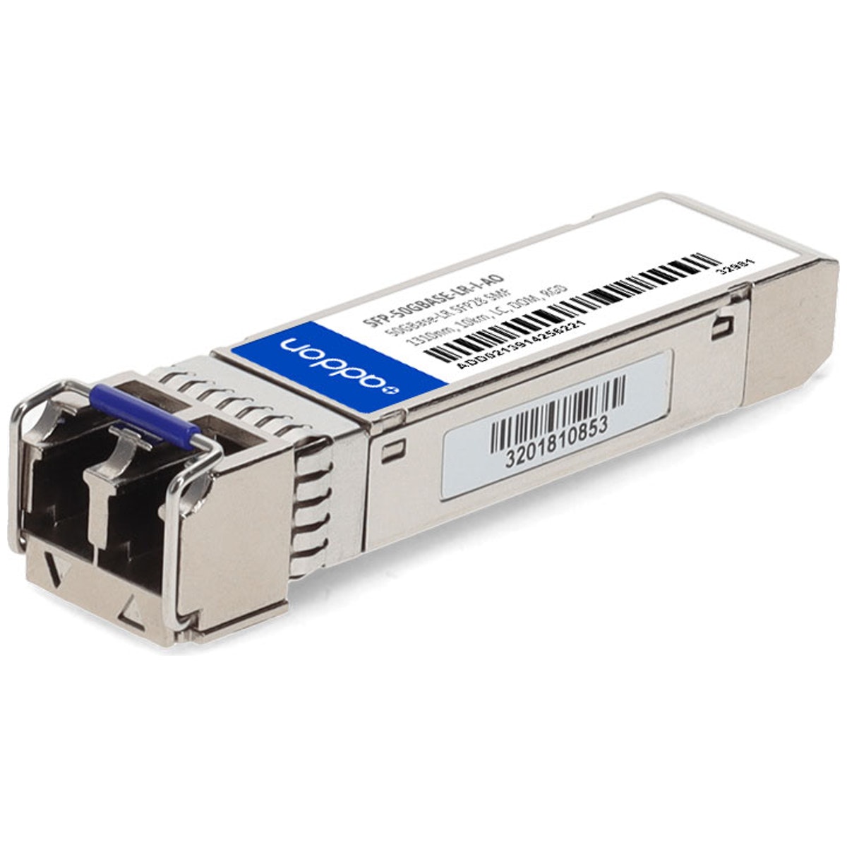 Compact silver SFP56 transceiver module with a blue latch, featuring a label with a barcode and product details, designed for single-mode fiber connections.
