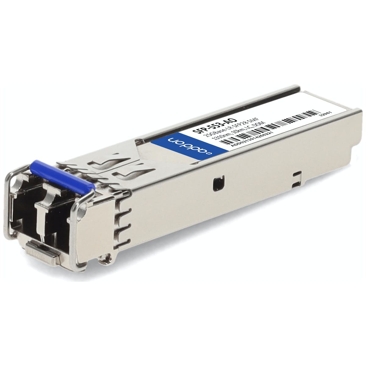 SFP-553-AO Network Transceiver Module in silver metal casing, featuring a blue latch, with a label detailing specifications and a fiber optic connector on one end.