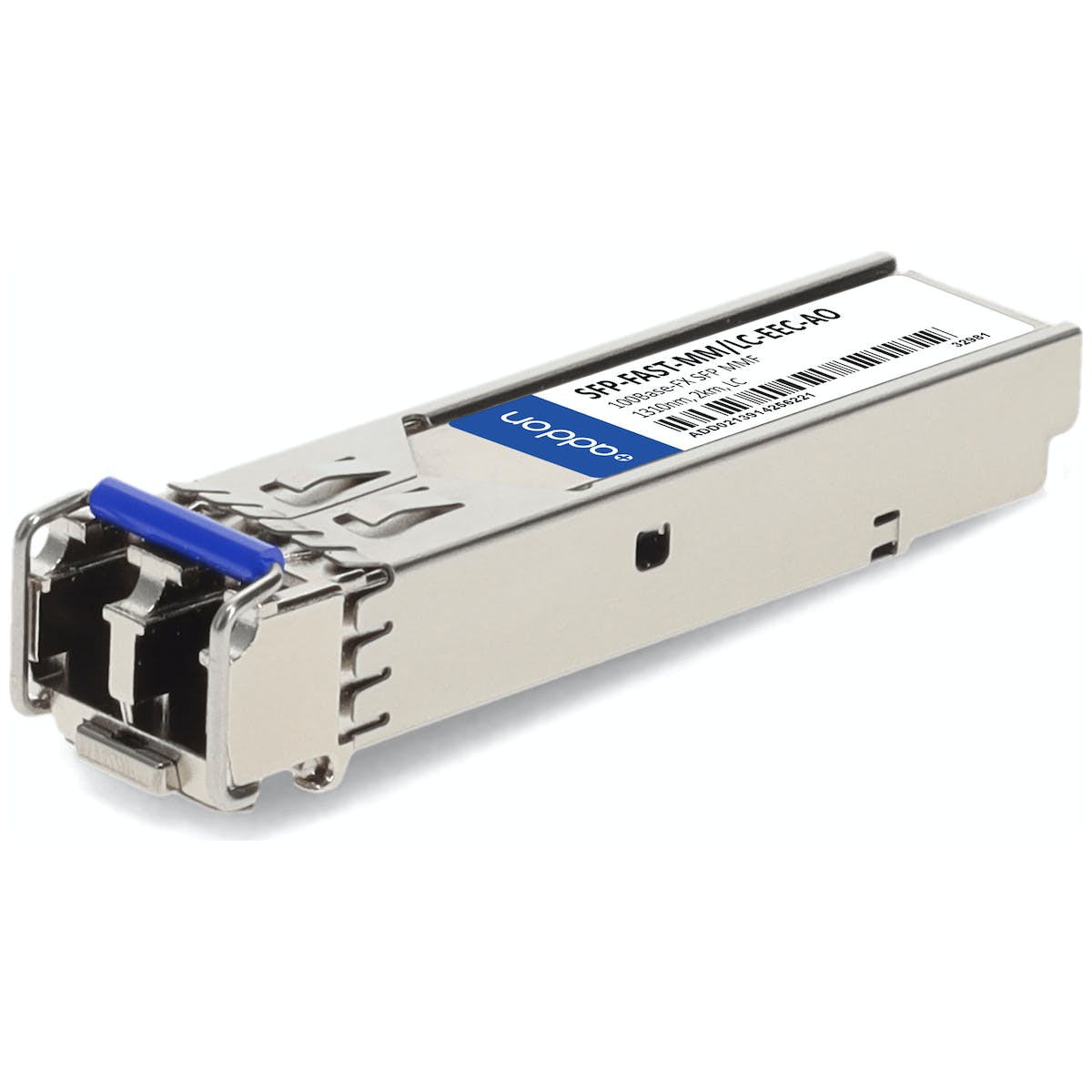 Silver metal SFP transceiver with a blue latch, labeled "SFP-FAST-MM/LC-EEC," designed for 100BASE-FX compatibility, featuring a compact design for easy installation.
