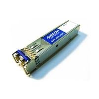 Silver metal SFP module with a blue label reading "AddOn," featuring a connector for fiber optic cables and a compact design for network connectivity.