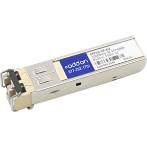 Silver metal SFP module with a blue label, featuring the text "AddOn," "SFP1G-SX," and "1000Base-SX," designed for compatibility with LG-Ericsson equipment.
