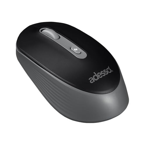 Black ergonomic wireless mouse with a smooth top surface, a scroll wheel, and textured side grips, featuring the Adesso logo prominently displayed.