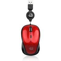 Red Adesso iMouse S8R with USB retractable cable, glossy finish, and illuminated scroll wheel.