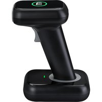 Black Adesso NuScan 2700R handheld barcode reader with 1D/2D CMOS sensor, ergonomic grip, and charging base.