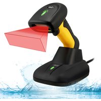 Black and yellow Adesso NuScan 5200TR wireless barcode scanner with green LED, antimicrobial, waterproof design.