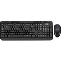 Black Adesso wireless QWERTY keyboard with UK layout and matching black mouse.