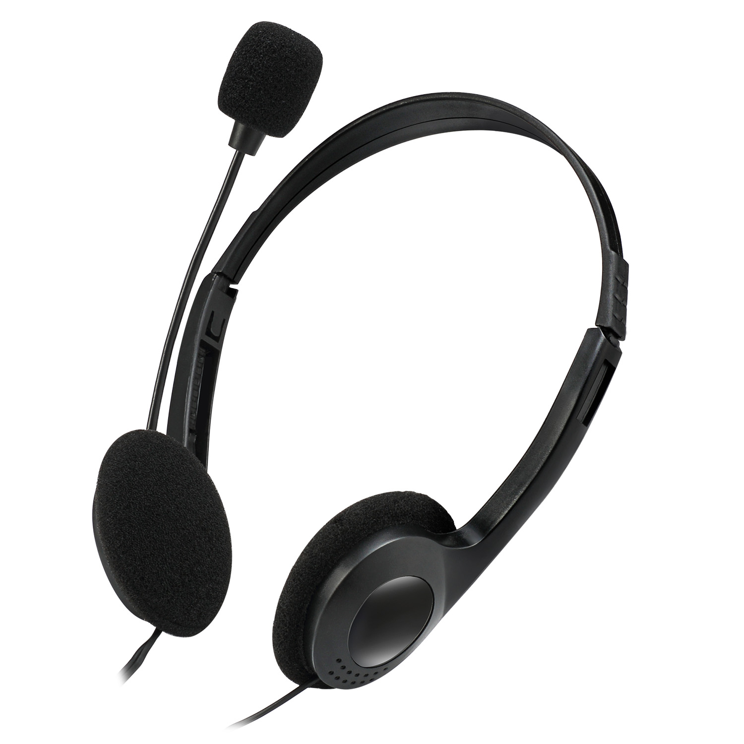 Black stereo headset with foam ear cushions, adjustable headband, and a flexible microphone for clear communication.