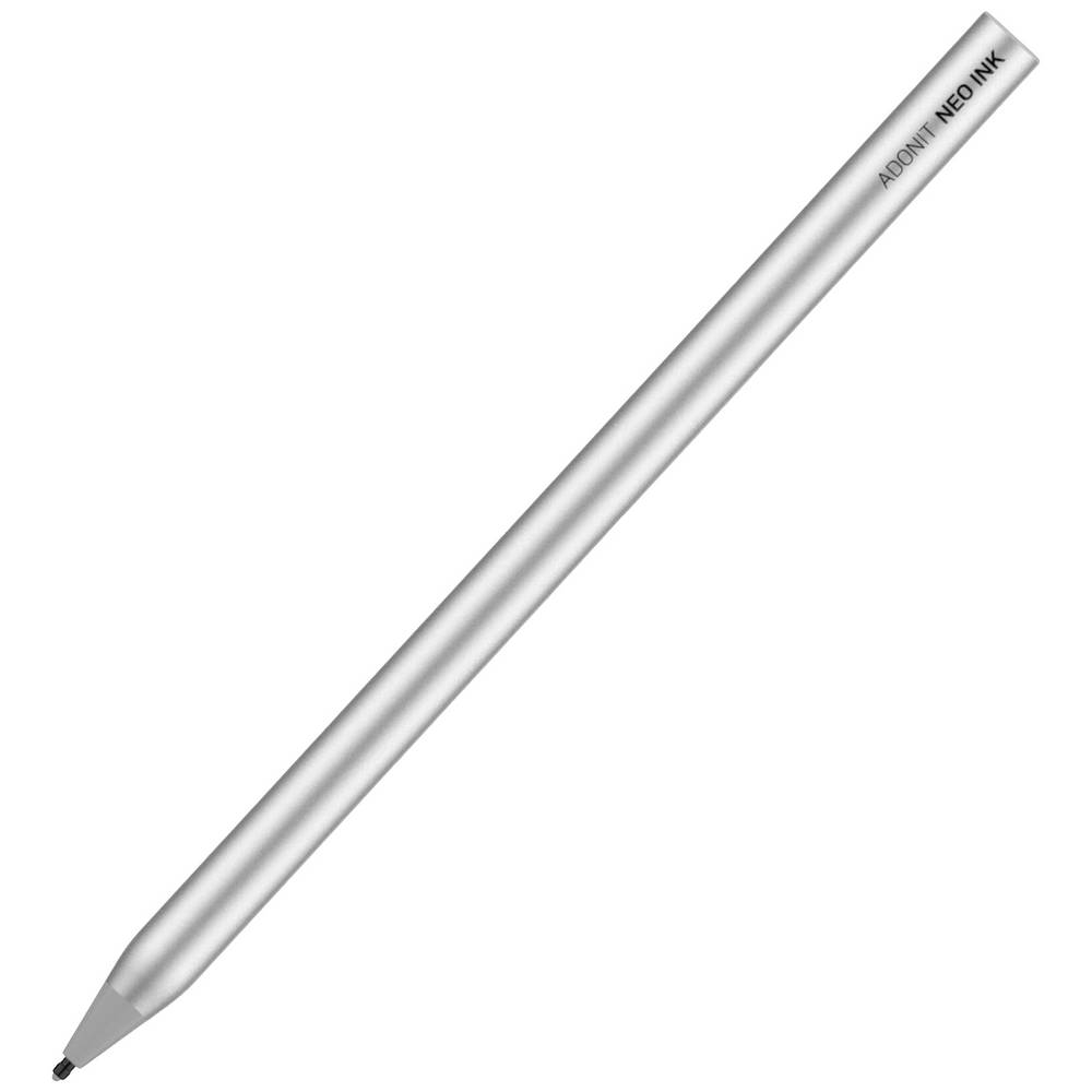 Silver Adonit Neo Ink Stylus Pen, featuring a sleek metal body, fine tip for precise writing, and engraved branding along the side.