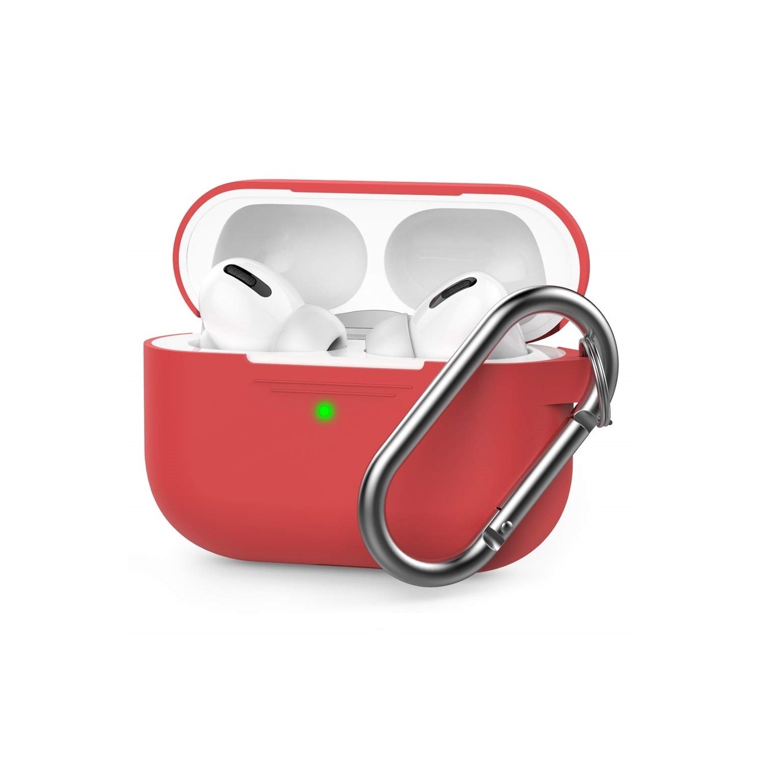 Red silicone case for AirPods Pro with a carabiner clip, featuring a green indicator light and a snug fit for the earbuds inside.