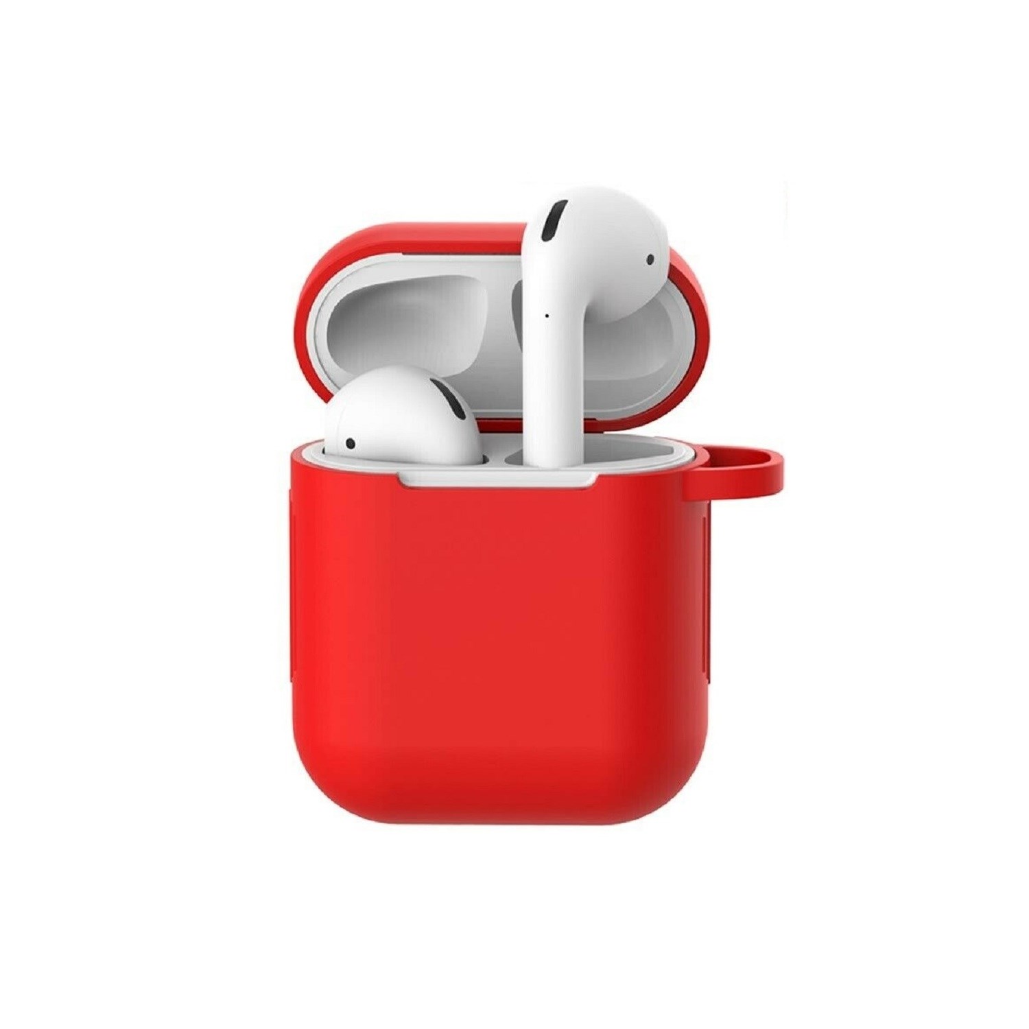 Red silicone case for AirPods with a snug fit, featuring an opening lid and two AirPods visible inside, designed for protection and style.