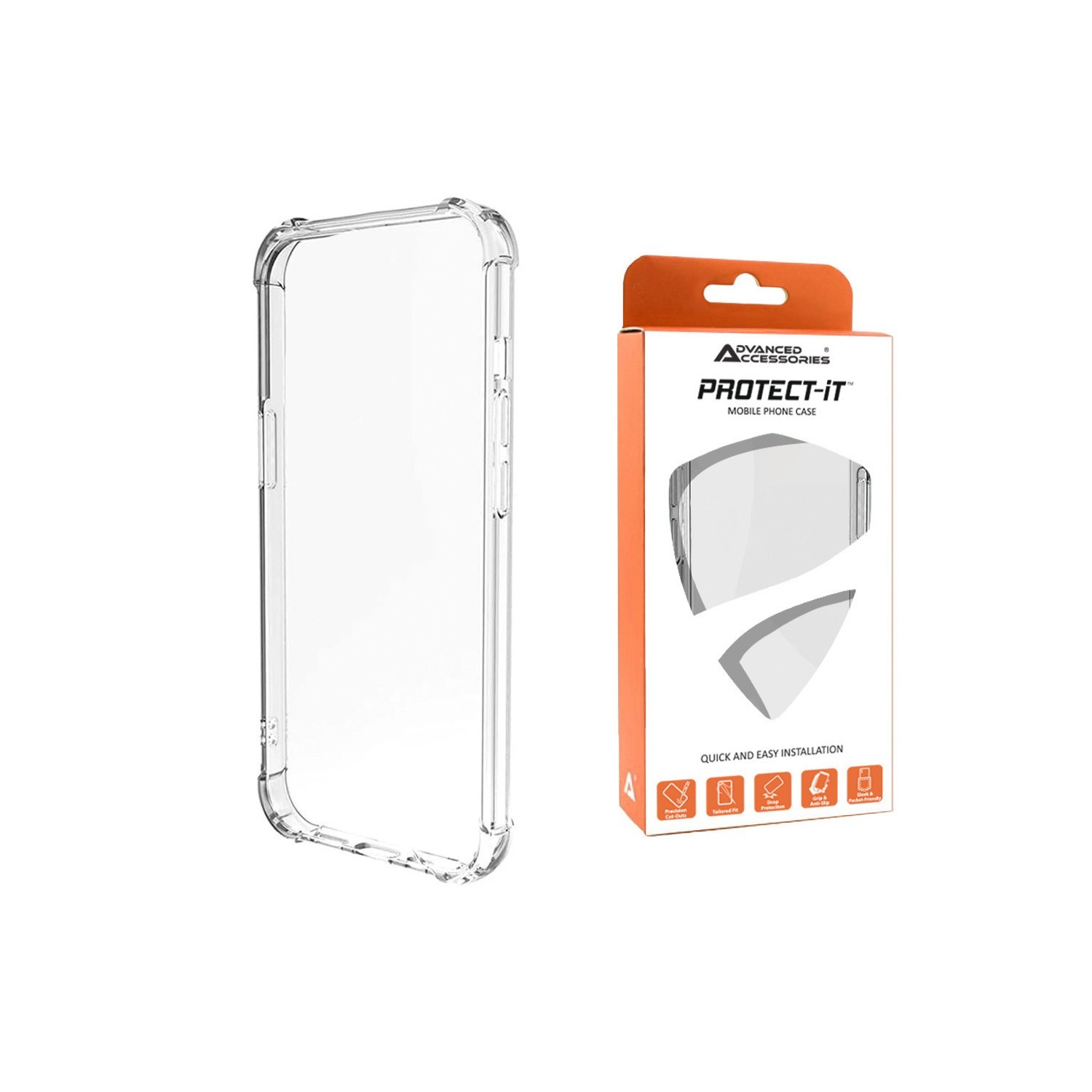 Clear anti-shock gel case for Apple iPhone 16 Pro, featuring a flexible design and packaging with an orange and white color scheme, labeled "PROTECT-IT."