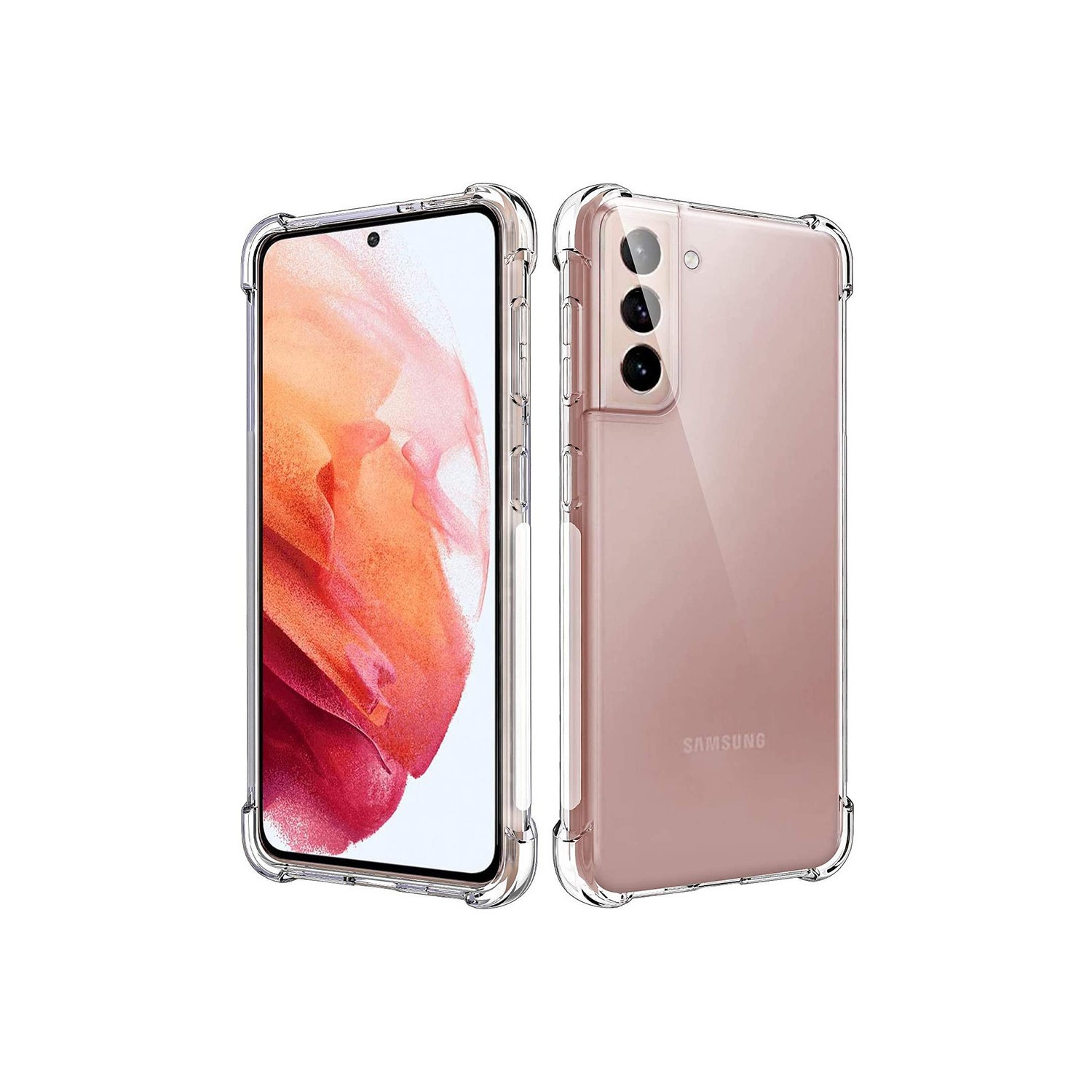 Clear anti-shock gel case for Samsung Galaxy S22+, featuring reinforced corners and a slim design that showcases the phone's color while providing protection.