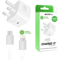 White 20W USB-C mains charger with three-pin plug and 1m cable, packaged in green and white box.