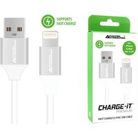 Silver AdvancedAccessories USB-A to Lightning cable with fast charge support, 1 metre length, in green and white packaging.