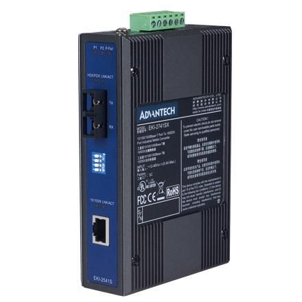Black and blue Advantech Eherne O Single Mode Fiber device featuring multiple ports, LED indicators, and a green terminal block for connections.