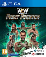 Cover art for "AEW: Fight Forever" featuring vibrant green and blue colors, with wrestlers in action poses, and the PlayStation 4 logo prominently displayed at the top.