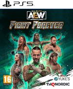 Cover art features a vibrant teal background with dynamic images of wrestlers, including a central figure, and the title "AEW: Fight Forever" in bold metallic lettering.