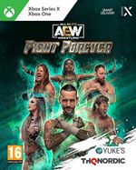 Cover art for "THQ Nordic AEW: Fight Forever" featuring vibrant green and black colors, showcasing wrestlers in action poses, with the game's title prominently displayed in metallic lettering.