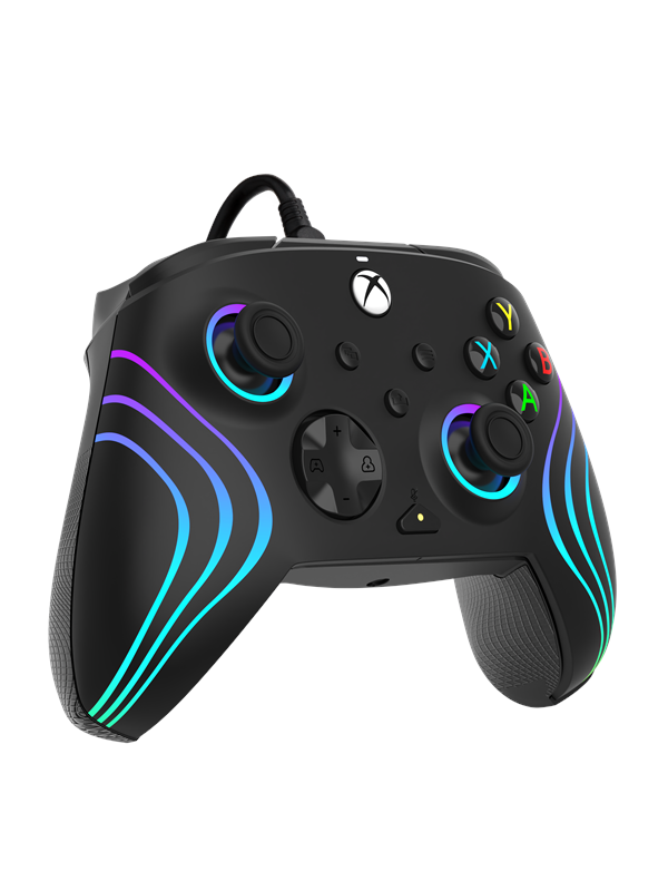 Black wired controller with colorful LED wave accents, textured grips, dual analog sticks, and Xbox buttons, designed for Xbox Series X|S, Xbox One, and PC.