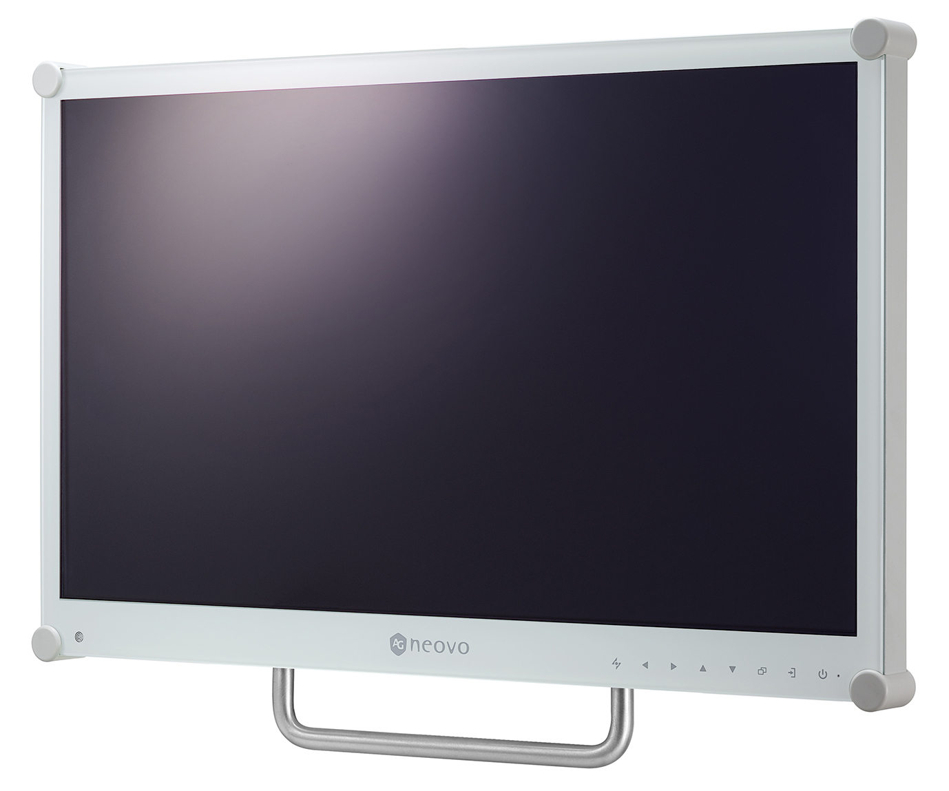 AG Neovo DR-24G LED display features a sleek white frame, a 23.8-inch screen with a resolution of 1920 x 1080 pixels, and a minimalist design with touch-sensitive buttons at the bottom.