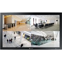 Black AG Neovo QX-32 monitor, 32-inch, 4K resolution, displaying four security camera feeds in a grid layout.