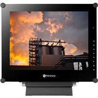 Black AG Neovo SX-15G CCTV monitor, 15-inch, 1024x768 resolution, displaying industrial scene with orange sky.