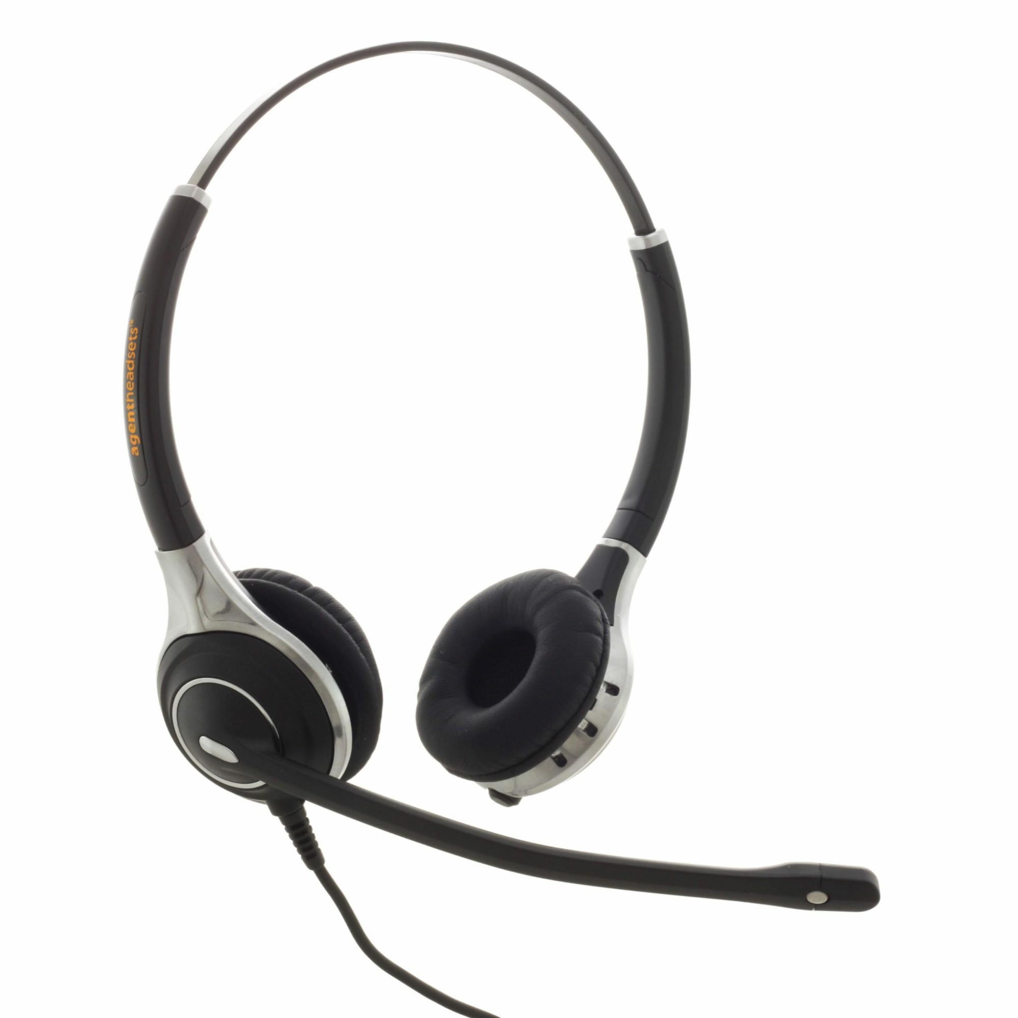 Wired black headset with a sleek design, featuring cushioned ear pads, a flexible microphone boom, and a glossy silver accent on the ear cups, ideal for office or call center use.